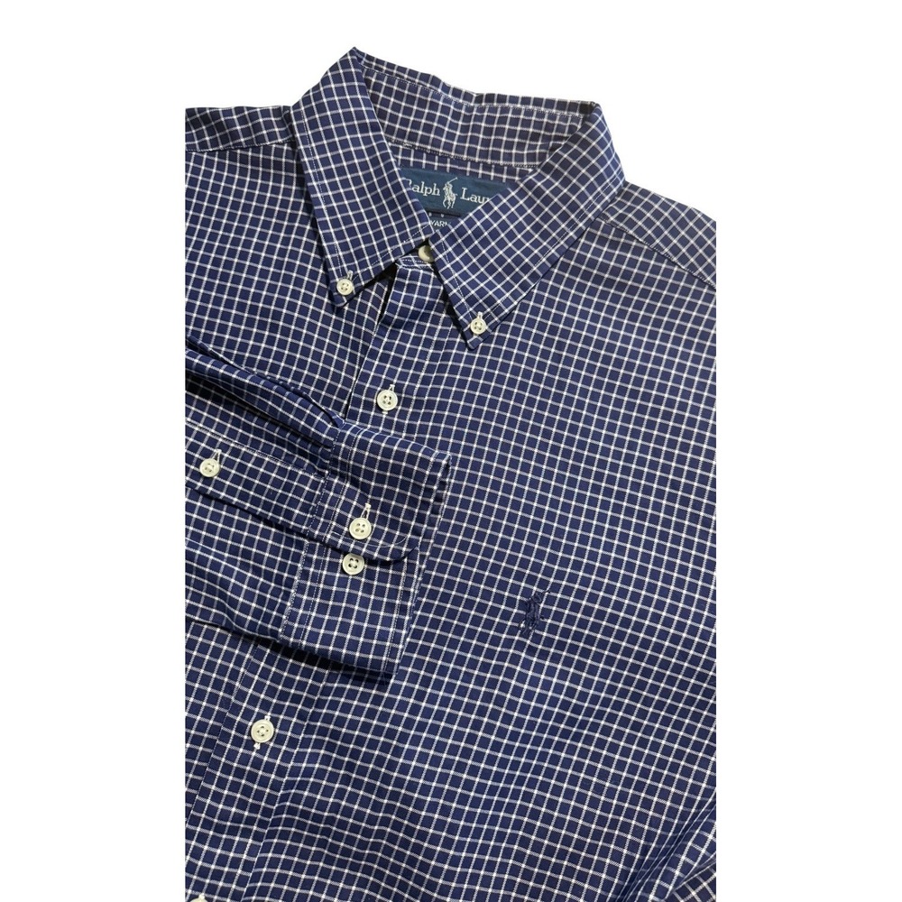 Ralph Lauren Yarmouth Dress Shirt Mens 16 34/35 Blue Check 100% Cotton Office